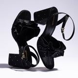 Selena Ruffle Sandal In Black Fabric and Crystals