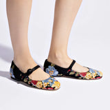 Larroudé x Markarian Flat In Black Wool and Floral Embroidery