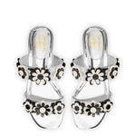 Larroudé x Gabriela Noelle: Blossom Flat Sandal In Silver Specchio and Black and White Acrylic