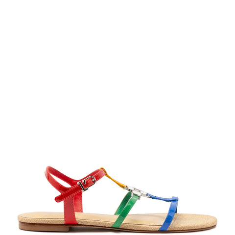 Hana Flat Sandal In Multicolor Patent Leather and Raffia