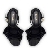 Selena Ruffle Sandal In Black Fabric and Crystals