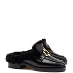 Bobbie Mule In Black Leather and Black Shearling