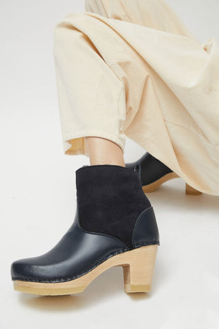 No.6 5" Pull on Shearling Clog Boot on High Heel in Navy and Night