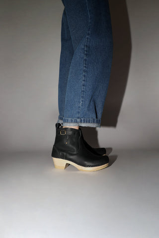 No.6 5" Leather Clog Buckle Boot on Mid Heel in Black